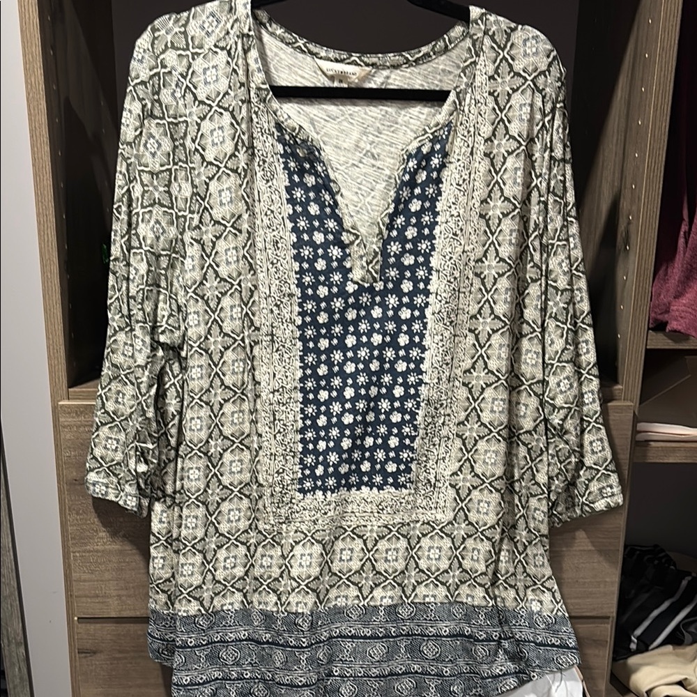 Lucky Brand Blue and Cream Graphic Tunic with 3/4 Sleeves